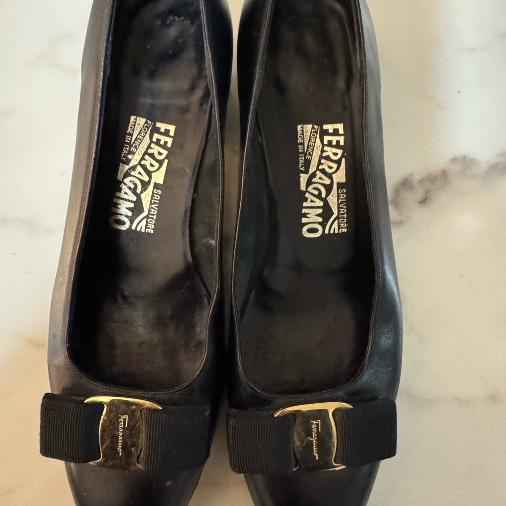 Salvatore Ferragamo Black Flats with Gold Buckle